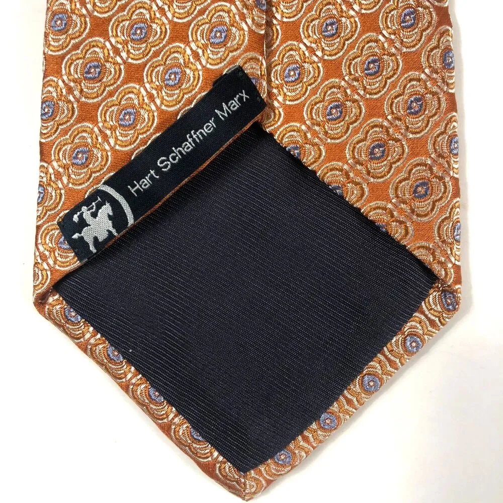Vtg Hart Schaffner Marx Parisian Tie Orange Geometric Blue Medallion 100% Silk